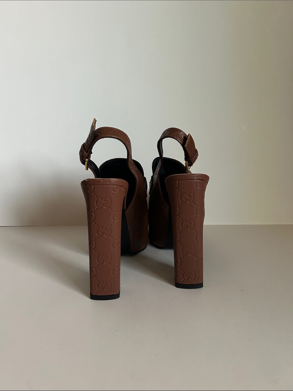 Gucci Brown Embossed Leather Platform Slingback Heels with Gold Bit - Picture 3 of 4